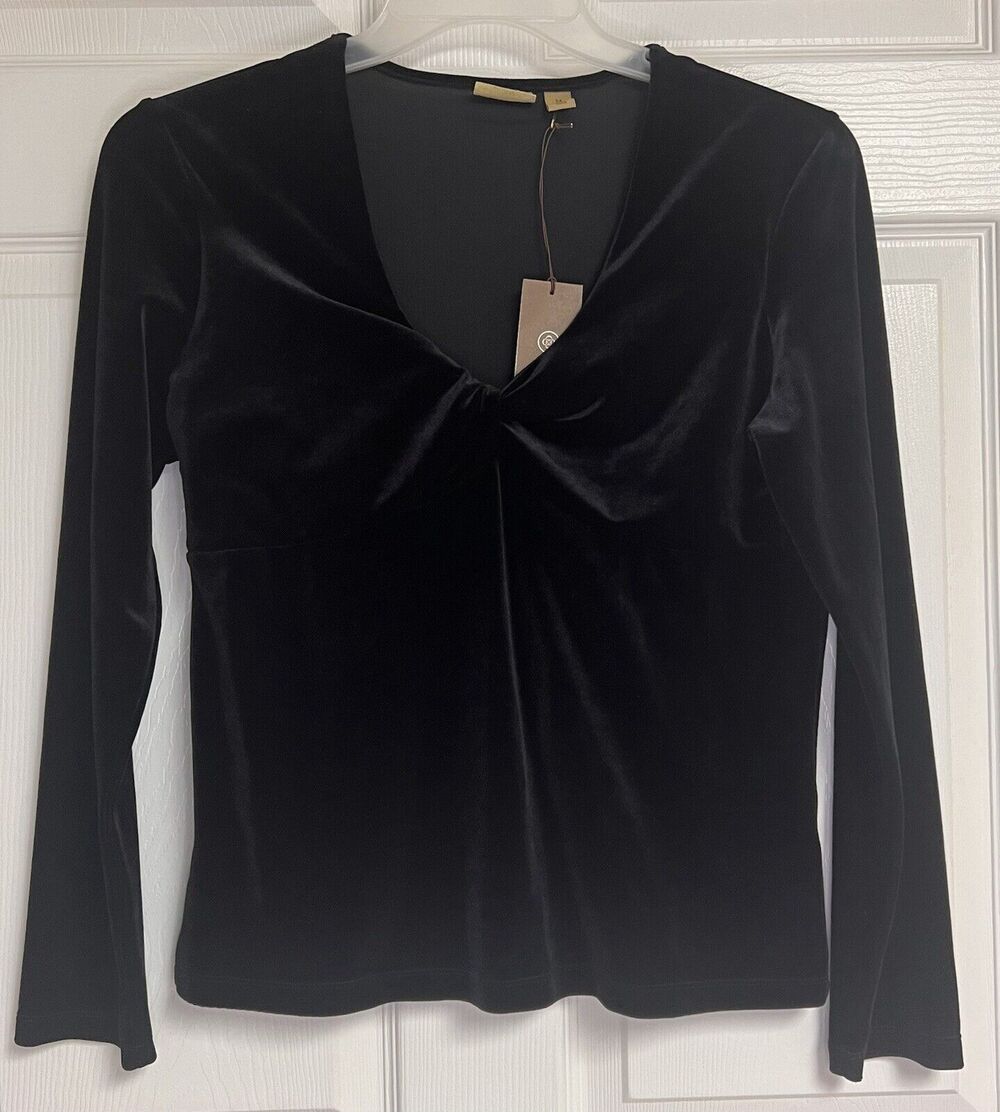 NWT Caslon Women Black Long Sleeve Velour Knit Top Small V-Neck Career Party